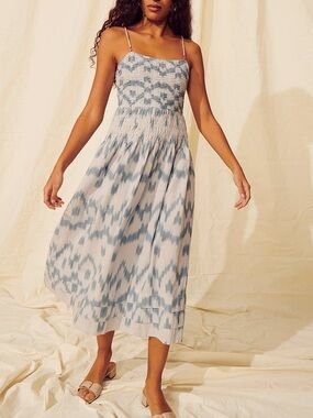 SAYLOR Adalene Midi Dress Size S Blue White Smocked Indigo Ikat Cotton
